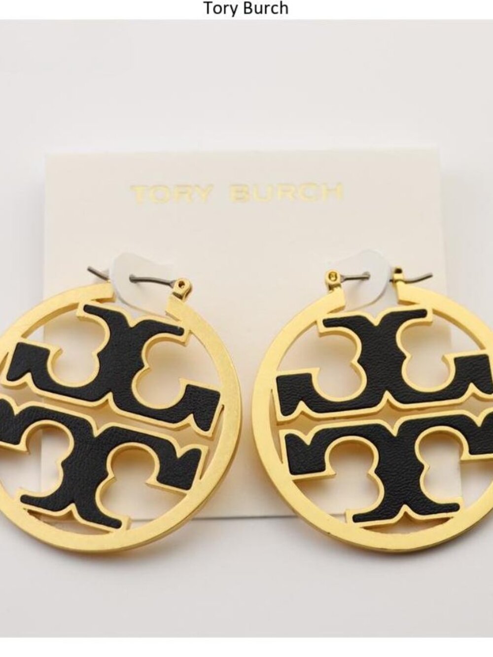 Tory Burch Gold and Black Logo Drop Earrings